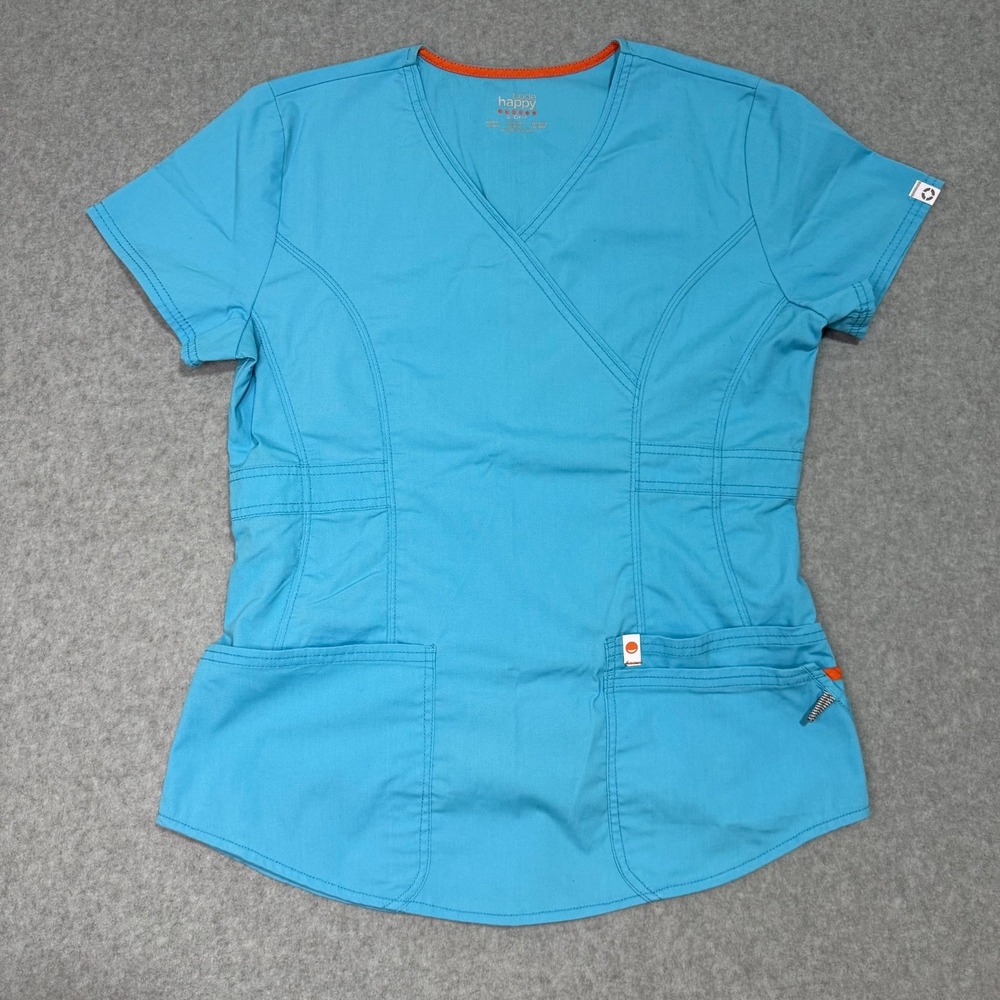 Code Happy Women's Scrub Top Size M Aqua Light Blue Mock Wrap Medical Nurse CNA